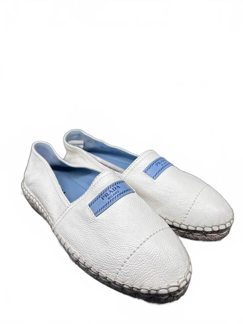 Prada White Grained Leather Espadrilles Slip On Shoes EU 38.5